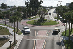 Typical circulating speeds in Clearwater's four one-lane roundabouts such as this one are 18 to 21 kph (11 to 13 mph), and typical approach speeds (measured at the crosswalks) are 23 to 26 kph (14 to 16 mph). Photo: Ken Sides, City of Clearwater, FL.