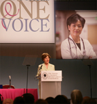 Laura Bush addresses an audience at the Susan G. Komen Breast Cancer Foundation’s 2006 Mission Conference in Washington, DC