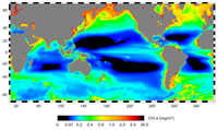 Areas in the Atlantic and Pacific Oceans are the least productive.