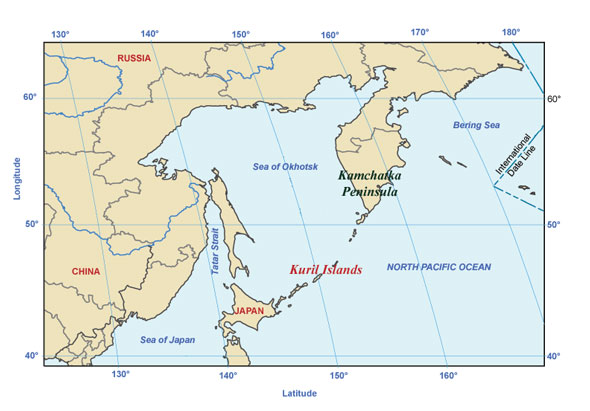 map of the Kamchatka Peninsula and Kuril Islands