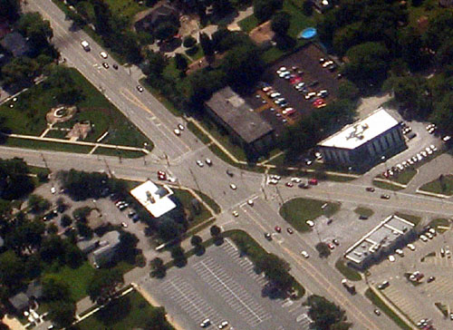 This skewed intersection in Atlanta, GA, may pose a problem for older drivers. If a skewed intersection cannot be avoided, right turn on red should be prohibited.