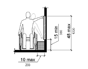 The drawing shows a frontal view of a person using a wheelchair making a side reach to a wall.  The depth of reach is 10 inches (255 mm) maximum.  The vertical reach range is 15 inches (380 mm) minimum to 48 inches (1370 mm) maximum.