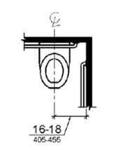 Figure shows a wheelchair accessible water closet, with space on one side.  The water closet centerline is shown to be 16 to 18 inches (405 to 455 mm) from the side wall.