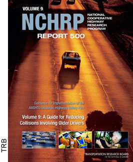 A photo of NCHRP Report 500, Volume 9: A Guide for Reducing Collisions Involving Older Drivers published in late 2004 and is also available electronically on the Web at http://trb.org/publications/nchrp/nchrp_rpt_500v9.pdf