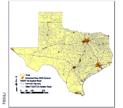 This map of Texas shows the location of major roadways maintained by TxDOT, plus rivers, streams, and urbanized areas. Roadways within the shaded urbanized areas are subject to stormwater regulations and must be surveyed using the OTS field data collector.