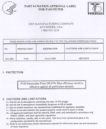 Part 84 Matrix Approval Label for P100 Filter