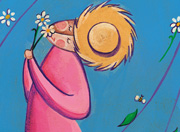 illustration: person wearing hat is smelling flowers