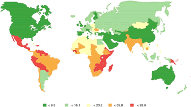 Map showing the international incidence patterns of cervical cancer