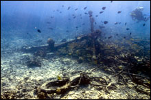 Artifacts at the wreck site of an unidentified large wooden sailing vessel, likely the four-masted schooner Churchill at French Frigate Shoals.