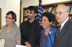 Pictured are: Goldberg IIE Prize winners Lily Yaffe and Aziz Abu Sarah; IIE's Chief Operating Officer, Peggy Blumenthal; IIE Trustee Victor J. Goldberg.