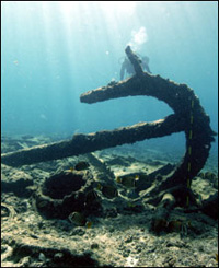 A Trotman style anchor rests on the seafloor at the Dunnottar Castle shipwreck site at Kure Atoll.(Photo: Office of National Marine Sanctuaries). http://sanctuaries.noaa.gov/missions/2008pmnm/welcome.html