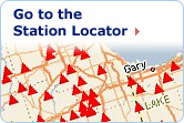 Go to the Station Locator.  Image of a close up map with red triangles marking a sampling of alternative fuel station locations.