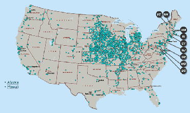 Map of biodiesel distributors in the lower forty-eight United States showing a large number of distributors in the Midwest, with smaller concentrations of distributors on the East and West Coasts and distributors scattered sparsely throughout the rest of the country.