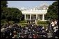 Standing with, from left, Vice President Dick Cheney, Secretary of Health and Human Services Tommy Thompson and Secretary of Homeland Security Tom Ridge, President George W. Bush delivers remarks during the signing ceremony of S.15-Project Bioshield Act of 2004, in the Rose Garden Wednesday, July 21, 2004. White House photo by Paul Morse.