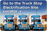 Go to the Truck Stop Electrification Site Locator.  Photo of three heavy duty long haul trucks.