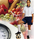 Composite picture of teen soccer player, food, and scale