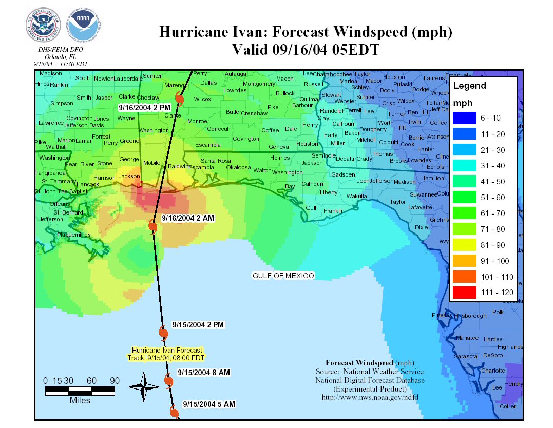 Figure 2: Forecast wind speed along the shore of the Gulf of Mexico during Hurricane Ivan