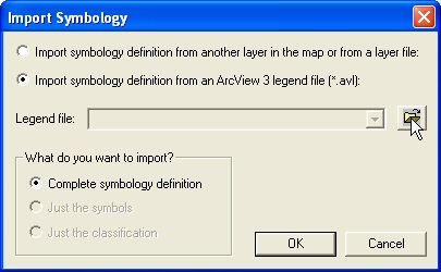 Figure 12: Browse through ArcView 3 legend files to import the symbology