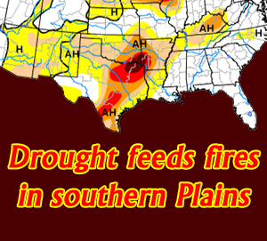 NOAA image stating that drought feeds fires in southern plains.