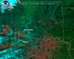 NOAA image of wildfire hot spots in the southern Plains taken December 29, 2005, at 1:06 p.m. CST.