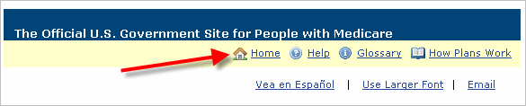 Example showing the 'Home' link of the Medicare Options Compare tool.