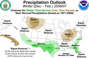 NOAA image of winter precipitation outlook for December 2006 through February 2007.