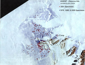 This satellite image of Meteorite Hills shows the locations of our camp and meteorites found during our season (2001) and previous seasons (1978, 1996, and 2000.)