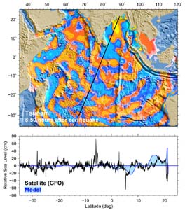 NOAA image of tsunami wave height as measured by satellites eight hours and 50 minutes after the event.