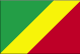Flag of Republic of Congo is divided diagonally from the lower hoist side by a yellow band; the upper triangle on hoist side is green and the lower triangle is red.