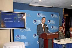 NOAA Administrator Conrad Lautenbacher tells reporters about the agency’s updated 2006 hurricane season outlook.