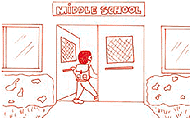 Childlike drawing of a child walking into the school building