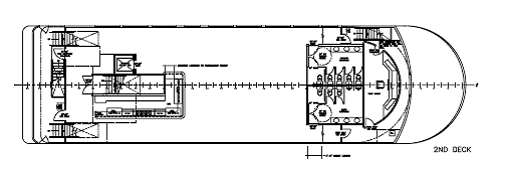 Figure 10 shows a plan view of the second deck based on the new design.  The toilet rooms are in the same location as the original design, but the stalls are mounted along the center line of the vessel.  On the starboard (right) side of the interior stair which connects the main deck, an elevator is provided which opens in the direction of the bow.