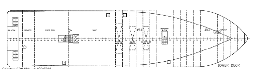 Figure 5 shows a plan view of the lower deck.  Crew stairs which connect the main deck to spaces in the lower deck are shown.  At the stern, one passenger stair on each side of the vessel connect the main deck to the tender boarding platform/swim platform.