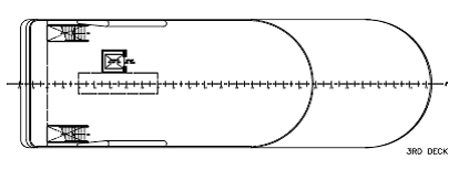 Figure 9 shows a plan view of the third deck.  The elevator is provided to the starboard (right) side of the vessel’s center line toward the after end of the deck.  The elevator opens toward the bow.