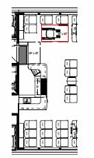 Plan view of the after end of the main deck seating cabin.  A wheelchair space is shown in the place of four fixed seats near the port side stern door.  The outline of the interior maneuvering clearance is also shown at the stern door.