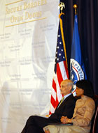 Secretary Rice and Homeland Security Secretary Michael Chertoff at announcement of joint vision to enhance border security while streamlining security processes and facilitating travel for visitors to the United States. 