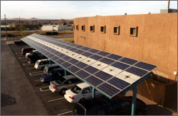 This solar carport at the Indian Pueblo Cultural Center in Albuquerque, New Mexico delivers about 23 megawatt hours of clean electricity annually to the local utility grid in New Mexico and more than 400,000 annual visitors see this installation when they visit the cultural center.
