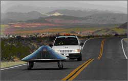 Photo of a solar race car in the American Solar Challenge race.
