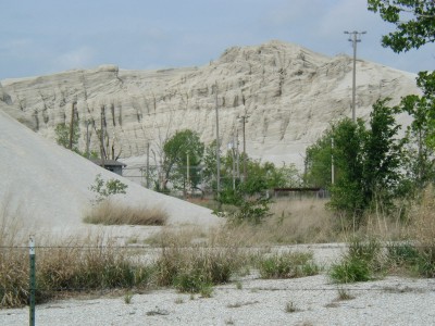 Nestled among the chat piles is a baseball field