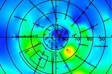 This chart shows visibility above the north pole of Mars on landing day, May 25, 2008. Skies are somewhat dusty (colored green) above Phoenix's landing site. The nearest dust storm (colored orange and yellow) is a safe distance away. Elsewhere, blue areas indicate clear skies.