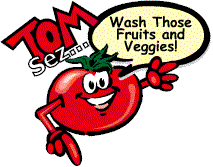 cartoon of tomato saying wash those fruits and veggies