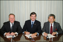 From L-R: ADA's Executive Director, Dr. James B. Bramson, OSHA's then-Assistant Secretary, John Henshaw, and ADA's President, Dr. Eugene Sekiguchi sign national Alliance on April 12, 2004.