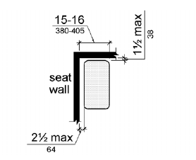 The rear edge is 2 1/2 inches (64 mm) maximum and the front edge 15 to 16 inches (380 to 405 mm) from the seat wall.  The side edge is 1 1/2 inches (38 mm) maximum from the back wall.