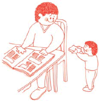 Childlike drawing of a father sitting at a table reading a newspaper, while his child is bringing him a homework assignment to review.