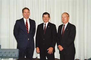 (L-R): Parks D. Shackelford, ATMI, OSHA's then-Assistant Secretary, John Henshaw; and Hardy B. Poole, ATMI, sign Alliance August 12, 2002.