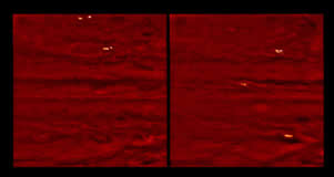 Jupiter atmospheric lightning imaged October 1997 by the Galileo spacecraft.