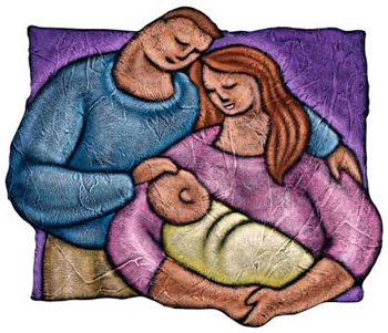 illustration of a man with his arm around a woman holding an infant