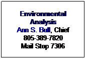 Office of Environmental Evaluation
Environmental Analysis
John Lane, Chief
805-389-7820
Mail Stop 7306