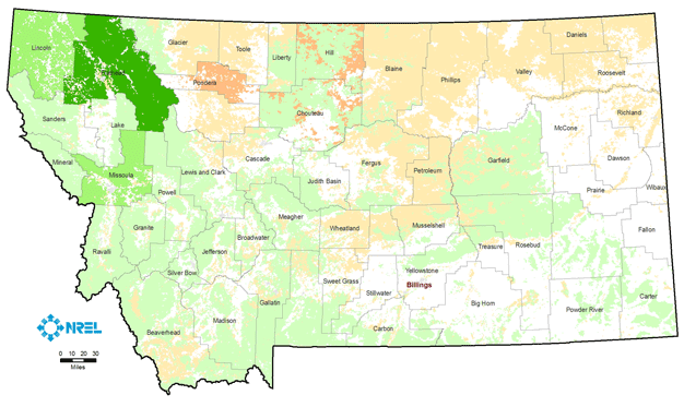 Map of the state of Montana with colors indicating biomass production potential. Most of the state can produce 1-250 thousand biomass tonnes/year/county from forest and primary mill residues. Counties along the north central and northeastern part of the state can produce 1-100 thousand biomass tonnes/year/county from crops and crop residues. Follow the link to view the full size image.