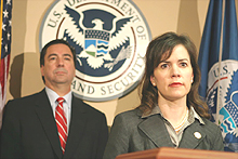 Assistant Secretary Julie L. 

Myers announces BEST seizures at a February 3 press conference in San Antonio. At left is 

Alonzo Pena, special agent-in-charge for ICE in San Antonio.